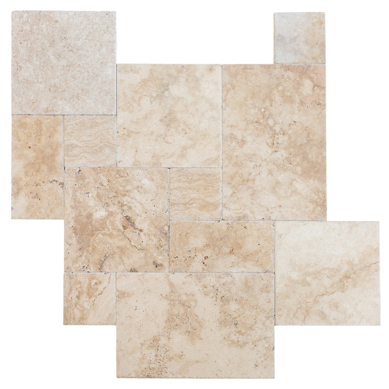 olympus beige travertine floor wall tile 4-sized pattern brushed chiseled top view