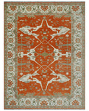Orange, Ivory and Olive Hand knotted Oriental Oushak 9x12 wool Area Rug