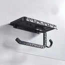 Ornate black metal toilet paper holder with phone shelf bathroom storage