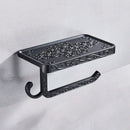 Ornate black metal toilet paper holder with phone shelf bathroom storage