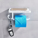 Ornate black metal toilet paper holder with phone shelf bathroom storage