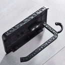 Ornate black metal toilet paper holder with phone shelf bathroom storage