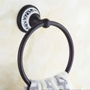 Ornate black & white bathroom accessories set wrought iron towel rack