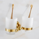 Ornate brass gold bathroom hardware set with towel rack and hooks
