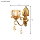 Ornate brass lotus wall sconce amber glass e14 bulb bedroom light