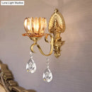 Ornate brass lotus wall sconce amber glass e14 bulb bedroom light