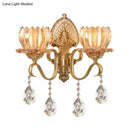 Ornate brass lotus wall sconce amber glass e14 bulb bedroom light