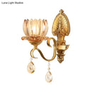 Ornate brass lotus wall sconce amber glass e14 bulb bedroom light