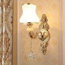 Ornate gold crystal wall sconce bedroom light with frosted shades