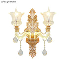 Ornate gold floral wall lamp with clear crystal glass bedroom sconce