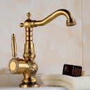 Ornate golden brass carved bathroom faucet hot and cold mixer tap