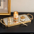 Ornate leaf handle golden mirror glass tray bedroom jewelry organizer
