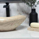 Oval Chiseled Tan Travertine Vessel Bathroom Sink - Handcrafted Natural Stone Above Counter Vanity Basin