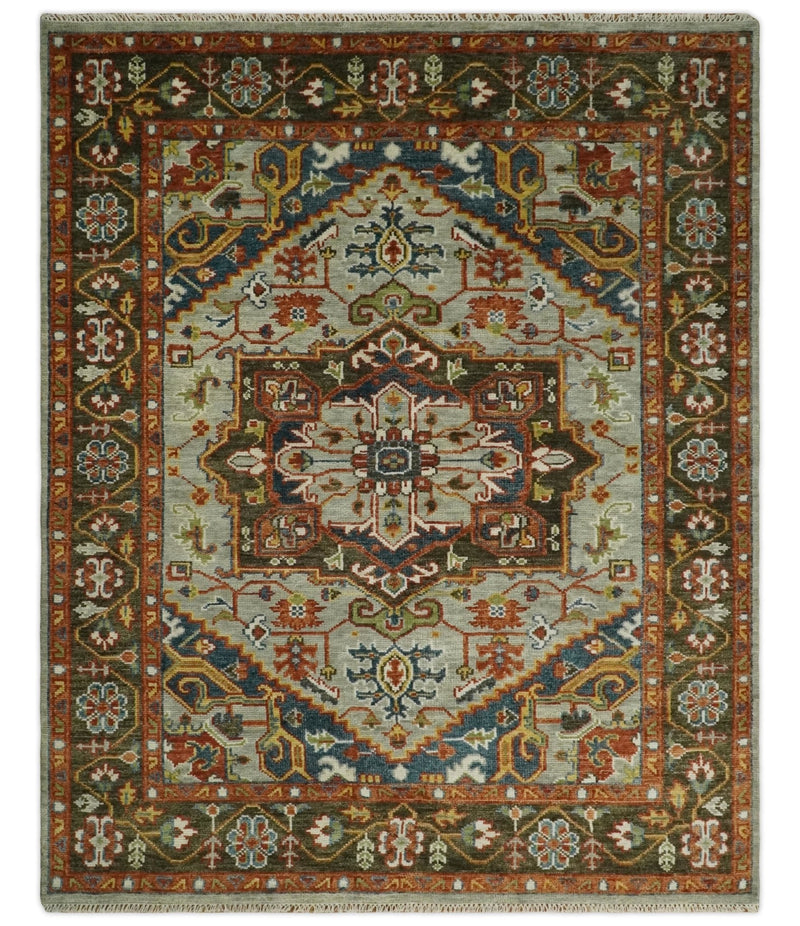 Blue and Brown Traditional Antique look Heriz Serapi Hand Knotted Custom Made wool Area Rug