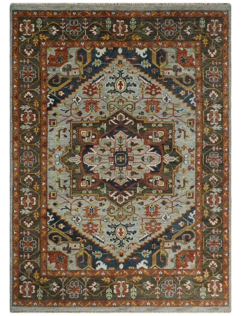 Blue and Brown Traditional Antique look Heriz Serapi Hand Knotted Custom Made wool Area Rug