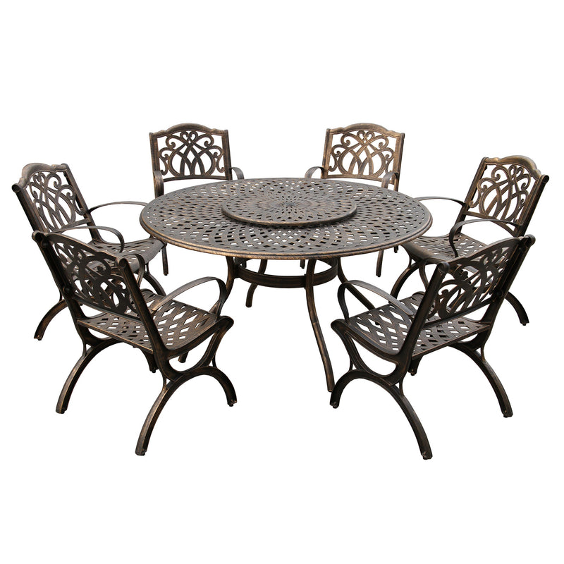 Outdoor Aluminum 7pc Round Patio Dining Set, Lazy Susan, Six Chairs