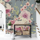 Modish Grey Wallpaper with Pink Flowers Contemporary