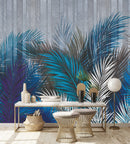 Voguish Blue Palm Leaves Wallpaper