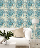 Blue Wallpaper with Birds and Flowers