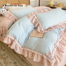 Pastel blue & pink lattice bedding set bedroom ruffled cotton quilt cover