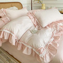 Pastel blue & pink lattice bedding set bedroom ruffled cotton quilt cover