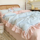 Pastel blue & pink lattice bedding set bedroom ruffled cotton quilt cover