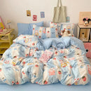 Pastel blue & white bunny cartoon pattern bed sets bedroom cotton