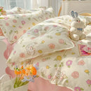 Pastel bunny and flower cartoon print bedding set bedroom decor