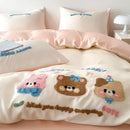 Pastel pink cartoon embroidery cotton bedding set for bedroom