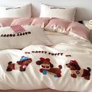Pastel pink cartoon embroidery cotton bedding set for bedroom