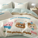 Pastel pink cartoon embroidery cotton bedding set for bedroom
