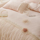 Pastel pink cozy velvet lace flowers bedding set bedroom ruffled trim