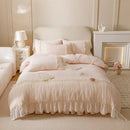 Pastel pink cozy velvet lace flowers bedding set bedroom ruffled trim