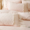 Pastel pink cozy velvet lace flowers bedding set bedroom ruffled trim