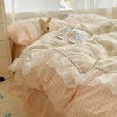 Pastel pink & cream cotton small florals bedding set bedroom lace