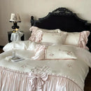 Pastel pink ruffle flower embroidery bedding set bedroom luxury lyocell