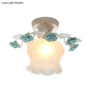 Pastoral pink & white rose glass semi flush light dining room ceiling