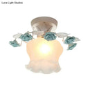 Pastoral pink & white rose glass semi flush light dining room ceiling