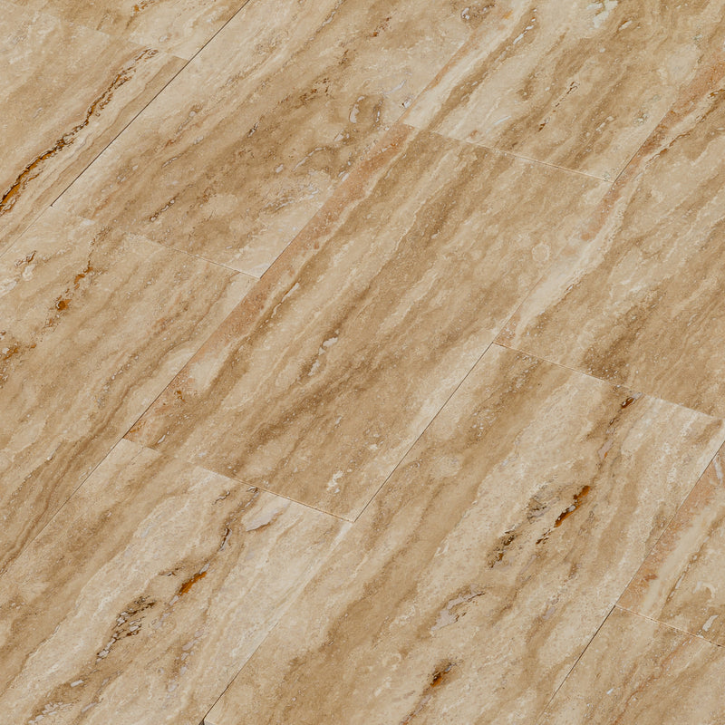 patara light brown travertine vein-cut honed filled 12x24 angle close-up view