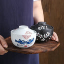 Patterned white & blue ceramic stew pot bowl dining room steaming cup