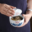 Patterned white & blue ceramic stew pot bowl dining room steaming cup