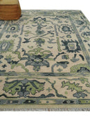 Peach, Charcoal and Green Hand knotted 8x10 and 9x12 Oushak Traditional Wool Area Rug