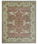 Peach, Ivory and Olive Hand knotted 8x10 and 9x12 Oriental Oushak Traditional Wool Area Rug, Kids, Living Room and Bedroom Rug
