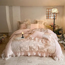 Pink and silver french lace ruffles bedding set for bedroom