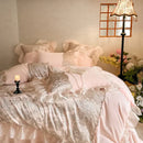 Pink and silver french lace ruffles bedding set for bedroom