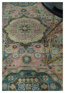 Pink, Beige and Olive Hand knotted Medallion Mamluk Design 8x10 wool Area Rug