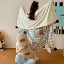 Pink & beige cartoon patch woolen blanket with fur balls bedroom decor