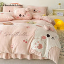 Pink cartoon rabbit applique bedding set for bedroom comfort