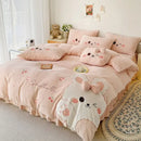 Pink cartoon rabbit applique bedding set for bedroom comfort