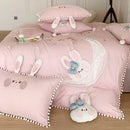 Pink cartoon rabbit moon cotton bedding set bedroom pom pom trim